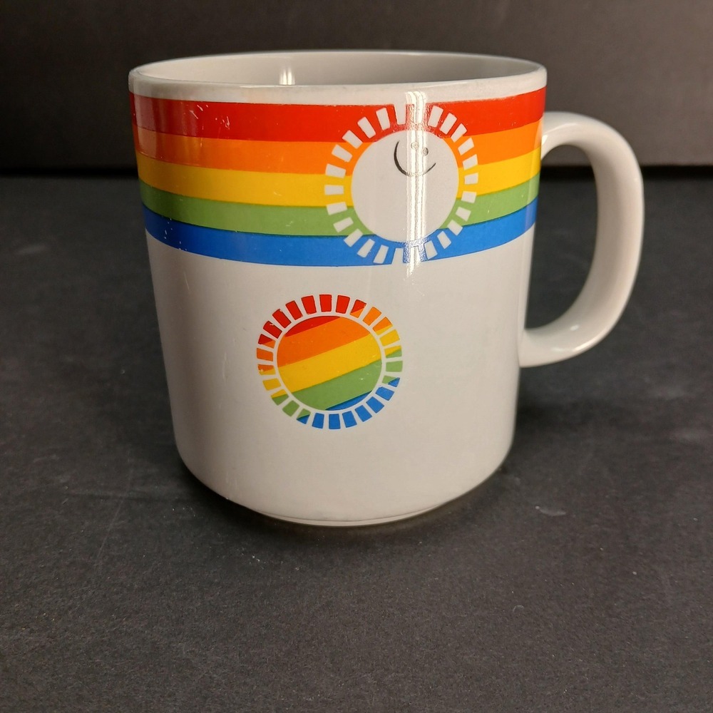 Vintage Russ Berrie Rainbow Smiley Sun Coffee Mug Retro 80s White Nostalgic